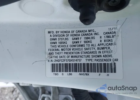 2016 Honda Civic Lx из США, поврежденный, VIN 2HGFC2F57GH514757